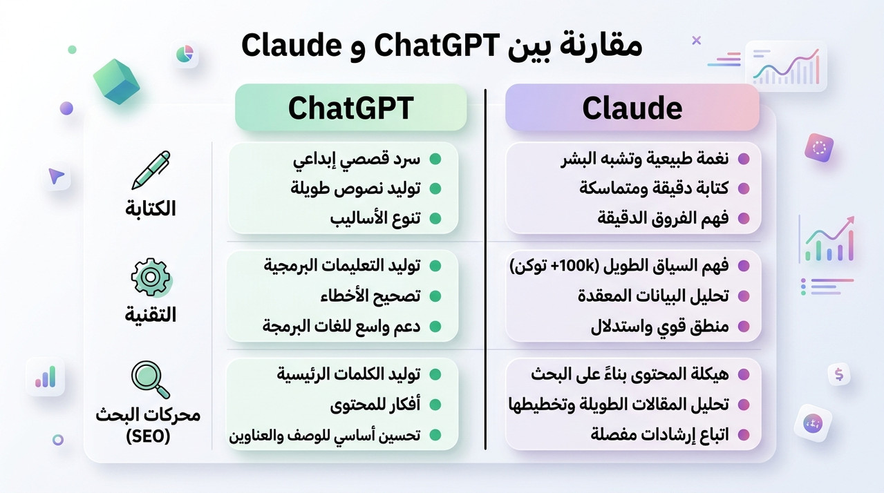 جدول مقارنة حالات استخدام Claude وChatGPT لممارسي السيو — الكتابة والتحليل والسيو التقني والبرمجة