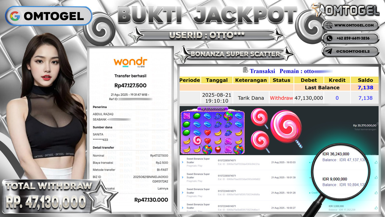 OMTOGEL JACKPOT PRAGMATIC PLAY SWEET BONANZA SUPER SCATTER 47 JUTA DI BAYAR LUNAS ,-