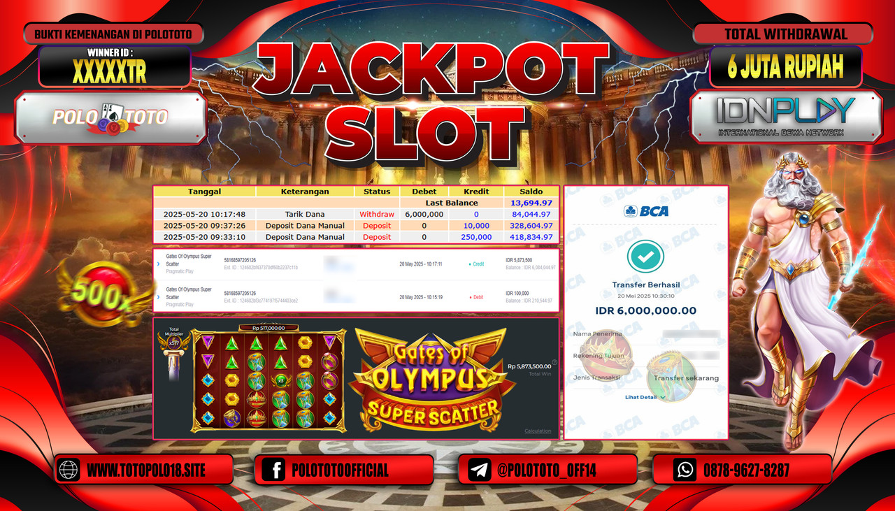 POLOTOTO JACKPOT SLOT GATES OF OLYMPUS SUPER SCATTER Rp.6.000.000,-