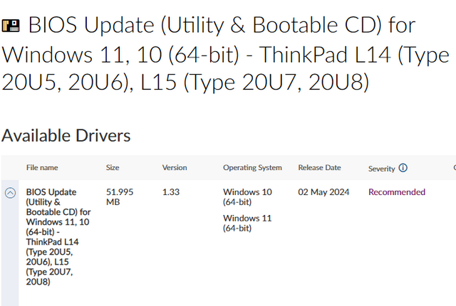Lenovo BIOS-Version 1.33 