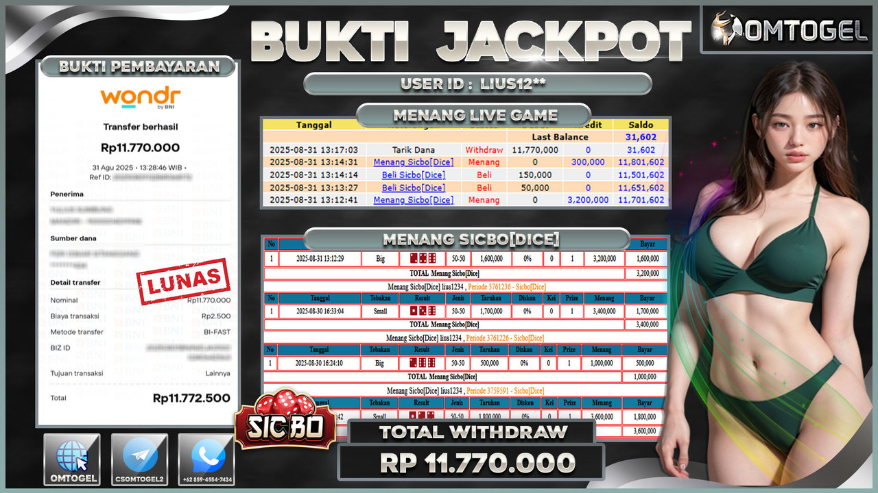 OMTOGEL JACKPOT LIVE GAMES SICBO DICE 11 JUTA DI BAYAR LUNAS ,-