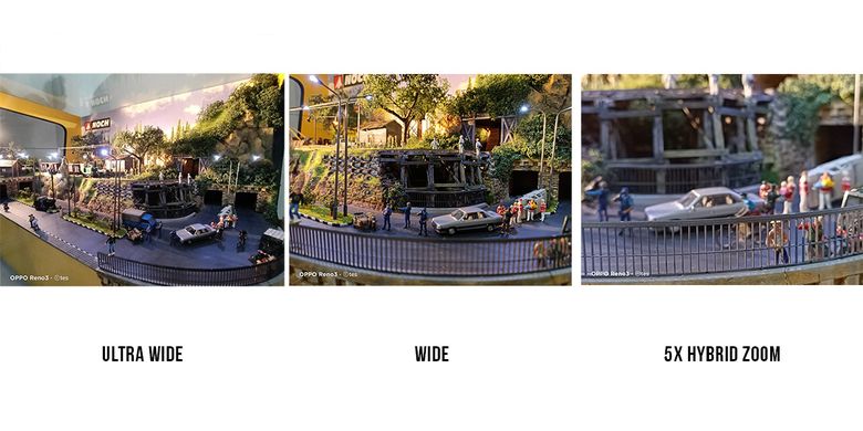 Perbedaan bidang pandang kamera ultra wide, wide, dan 5x hybrid zoom di Oppo Reno3