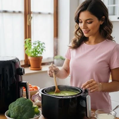 Moderne Heißluftfritteuse mit Brokkolicremesuppe