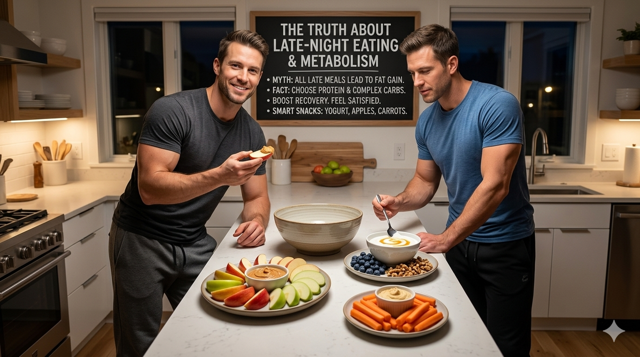 Assortment of healthy late-night snacks including apple with peanut butter, yogurt, and carrot sticks for truth about late-night eating and metabolism