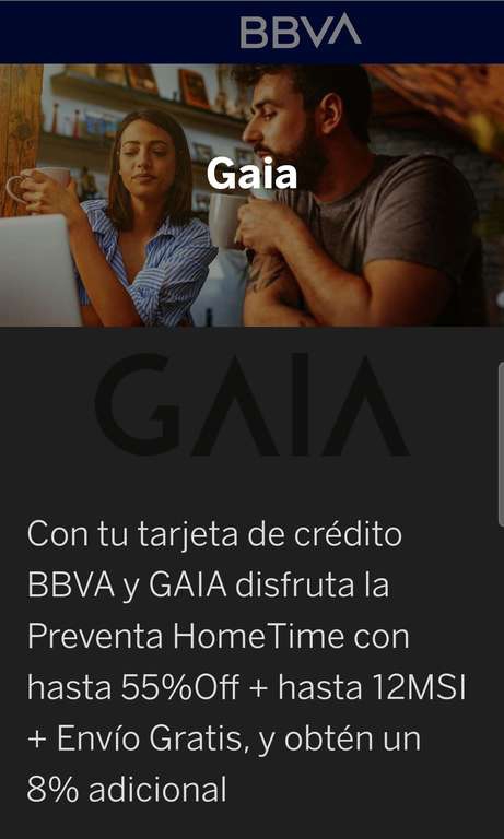 GAIA: 50% off + 12msi + 8% adicional con BBVA 
