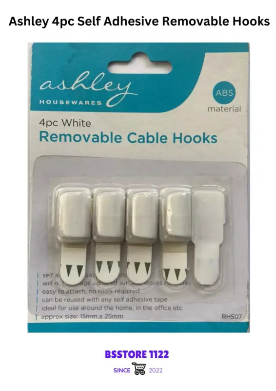  Ashley 4 Pack Self Adhesive Removable White Hooks -Cable Hooks Plastic Hanger