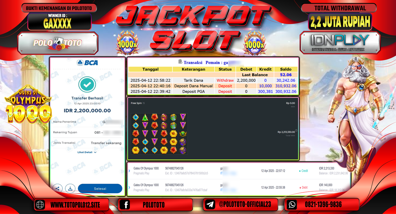 POLOTOTO JACKPOT SLOT GATES OF OLYMPUS 1000  Rp.2.200.000,- LUNAS