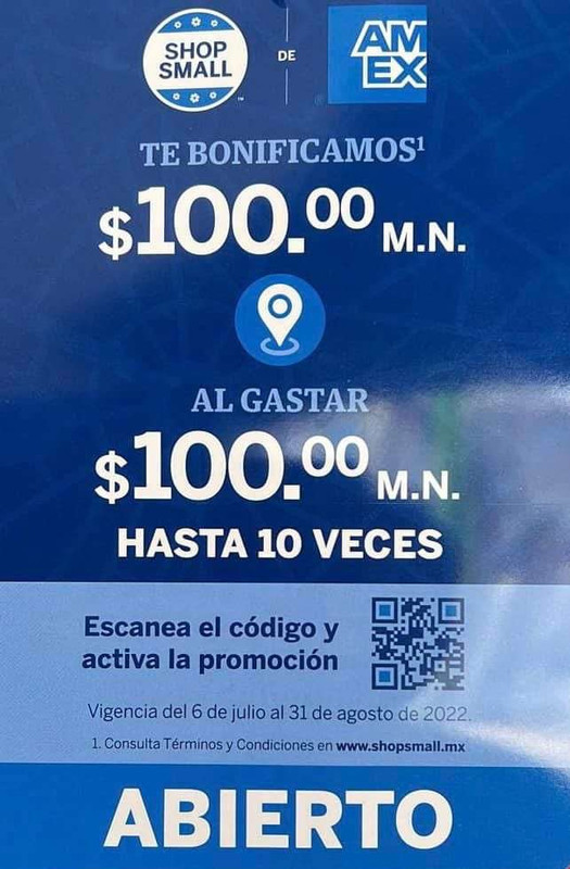 American Express: shop small, te bonifica $100 al gastar $100 hasta 10 veces 