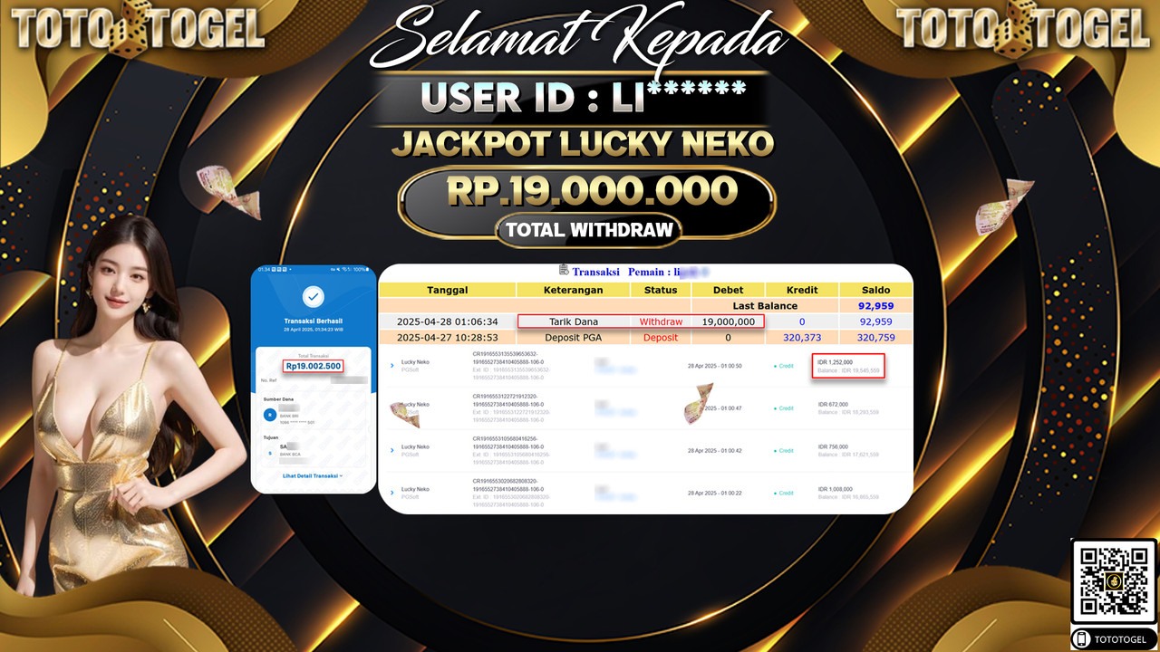 Bukti Pembayaran Jackpot  Permainan Slot Lucky Neko ID:LI***** LUNAS