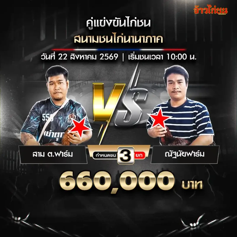 สาม ต.ฟาร์ม พบ ณัฐนัยฟาร์ม สนามชนไก่นานาภาค 22 สิงหาคม 2569