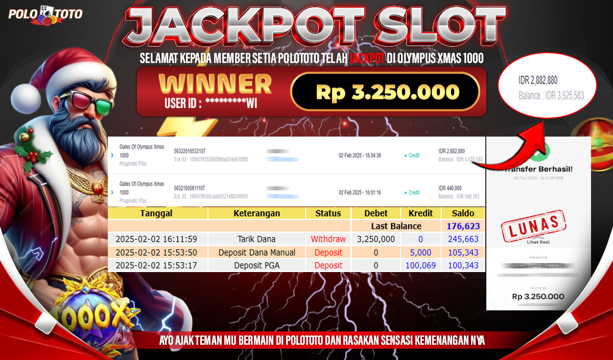 POLOTOTO JACKPOT SLOT GATE OF OLYMPUS XMAS 1000 Rp.3,250.000,-