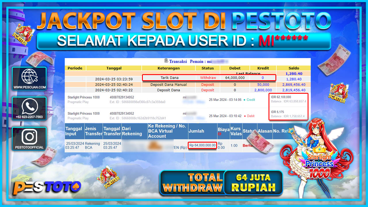HANYA DI PESTOTO JP PASTI DI BAYAR LUNAS DAN CEPAT!!!!!! JP SLOT{ STARLIGHT PRINCES 100} Rp.64.000.000 !!!!!