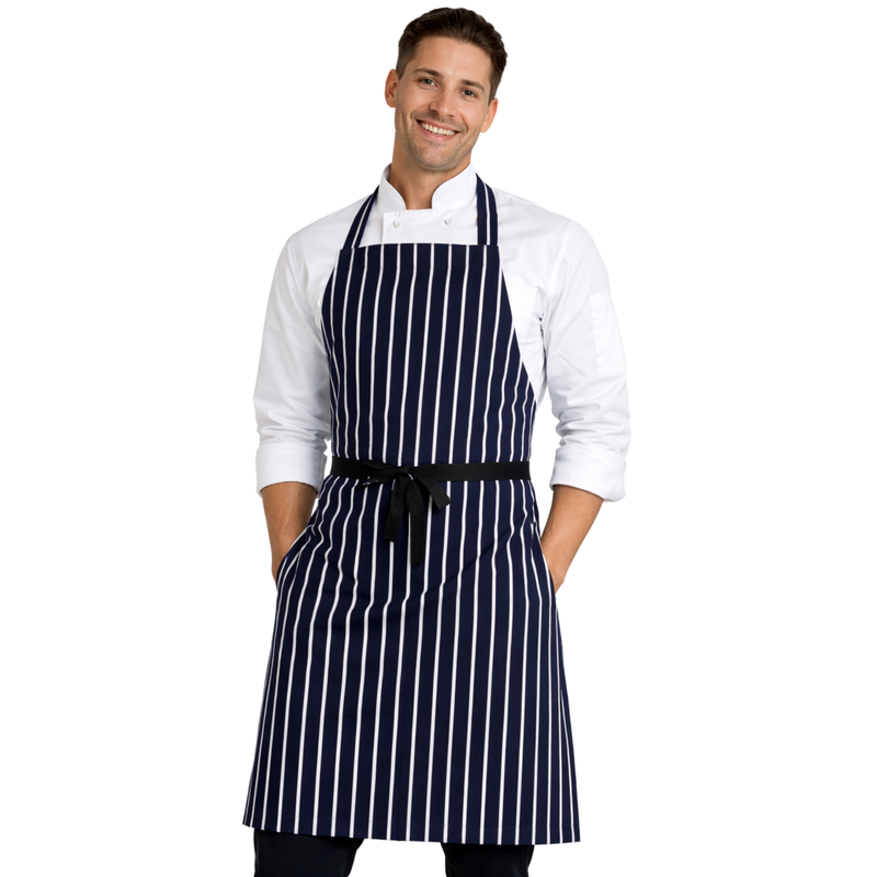 Navy Blue White Striped Apron Front View