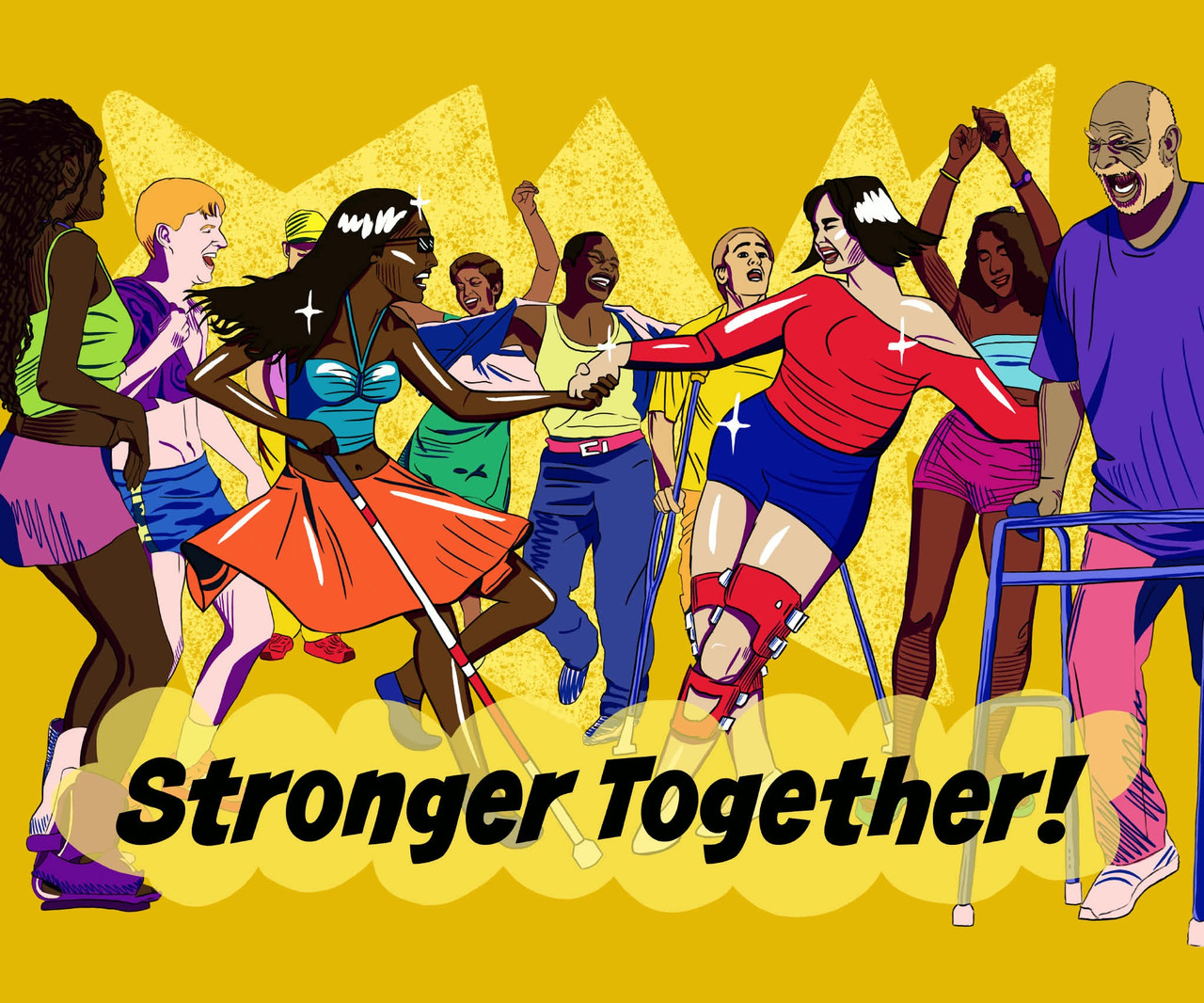 A Blind woman of color in a blue halter and orange skirt is dancing while holding her white cane; a white woman with leg braces who is wearing a red top and deep blue shorts dances with her.  They are surrounded by other Disabled individuals who are all dancing and reveling in the moment.  The two women at the center of the image are holding onto each other as they dance.