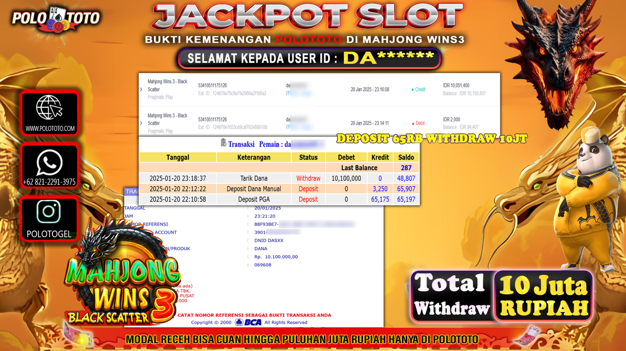 POLOTOTO JACKPOT SLOT MAHJONG WINS BLACK SCATTER 3 Rp.10,100.000,-