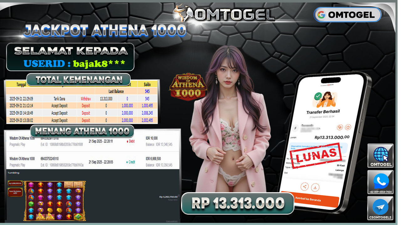 OMTOGEL JACKPOT PRAGMATIC PLAY WISDOM OF ATHENA 1000 13 JUTA DI BAYAR LUNAS ,-