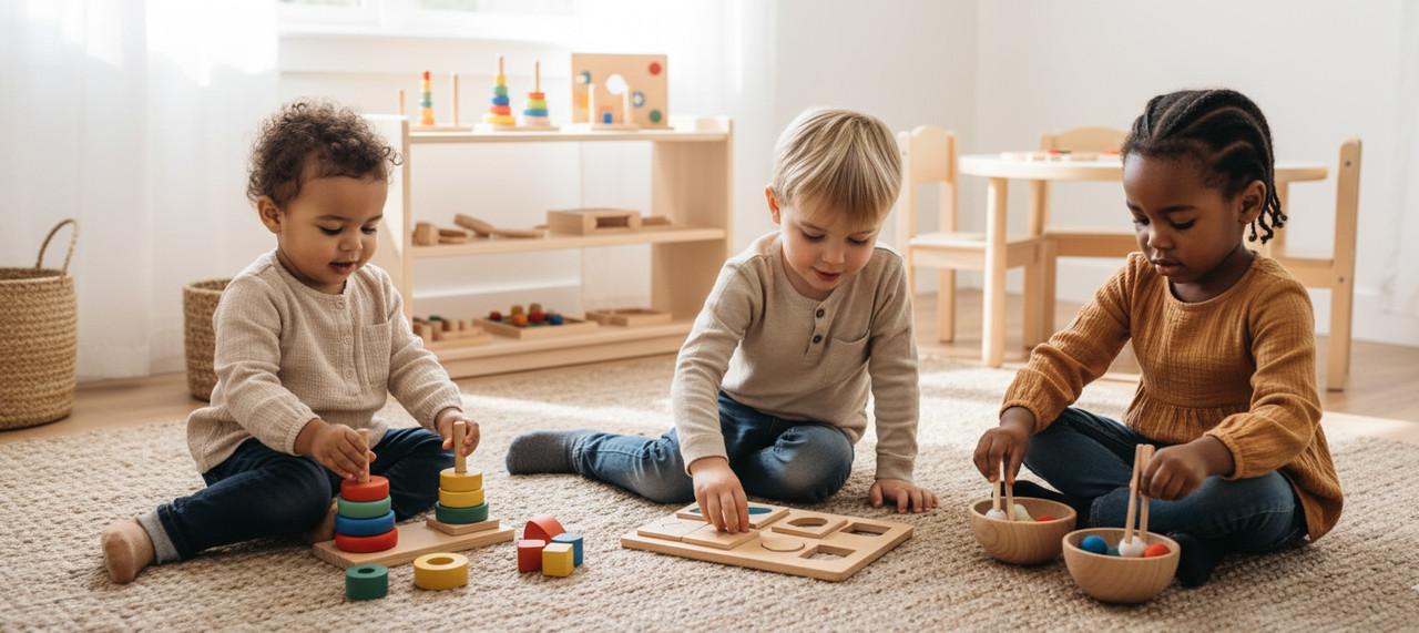 Two young children happily playing with wooden toys