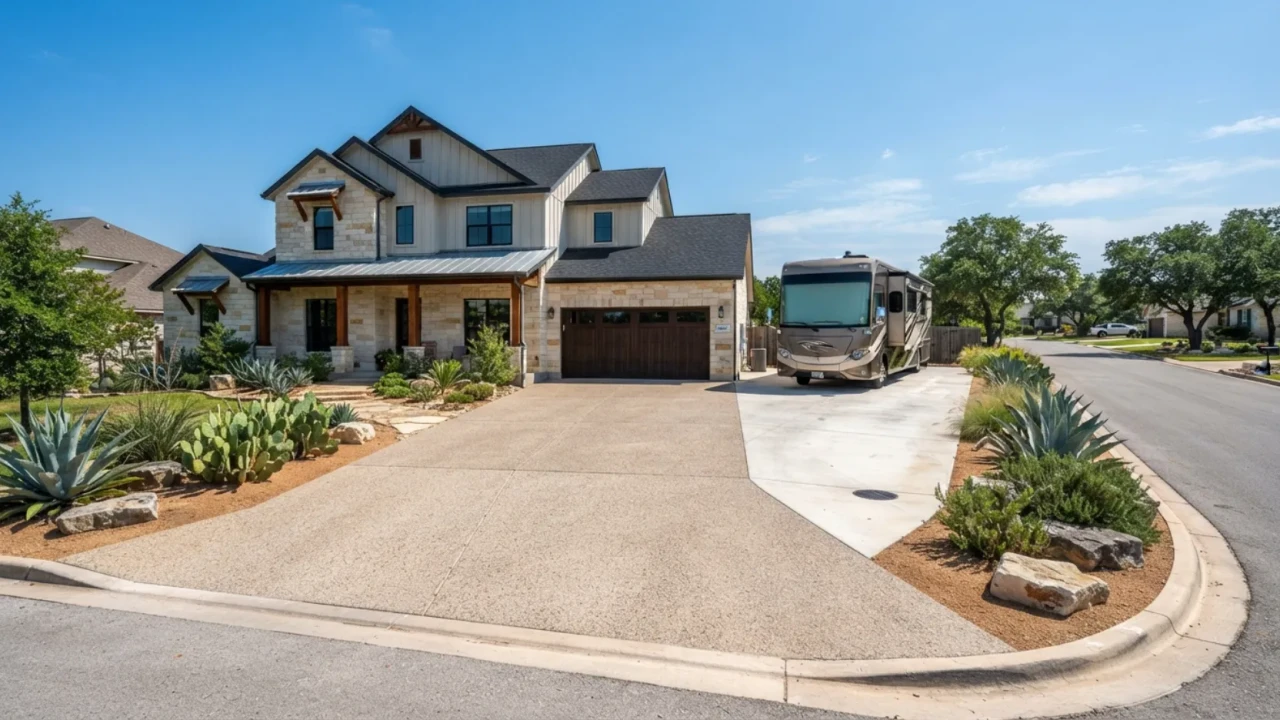 Wide concrete driveway expansion San Antonio with RV parking pad
