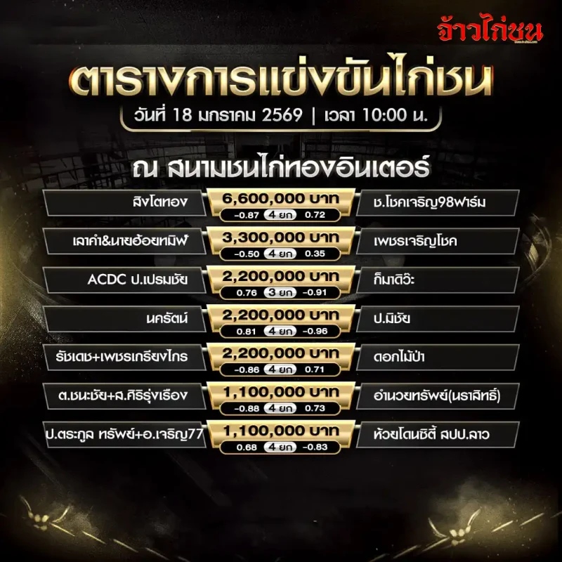 โปรแกรมไก่ชน สนามชนไก่ทองอินเตอร์ วันที่ 18 มกราคม 2569 เวลา 10:00 น. ตารางการแข่งขันไก่ชน