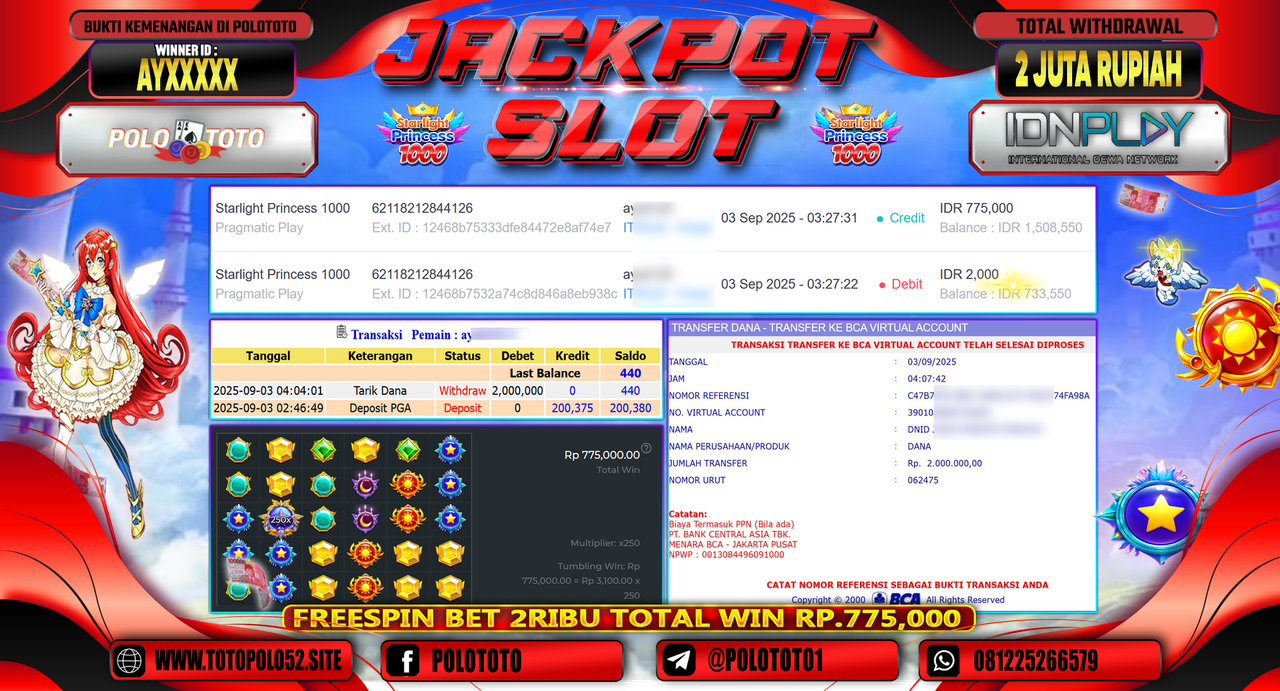 POLOTOTO JACKPOT SLOT STARLIGHT PRINCESS 1000 Rp.2.000.000,-
