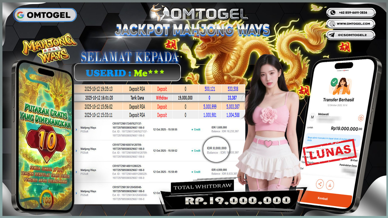OMTOGEL JACKPOT PGSOFT MAHJONG WAYS 19 JUTA DI BAYAR LUNAS ,-