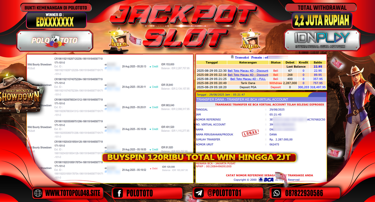 POLOTOTO JACKPOT SLOT WILD BOUNTY SHOWDOWN Rp.2.287.000,-
