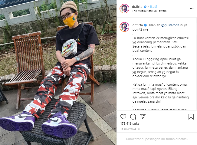 Unggahan Dokter Tirta yang ditujukan untuk Aa Utap
