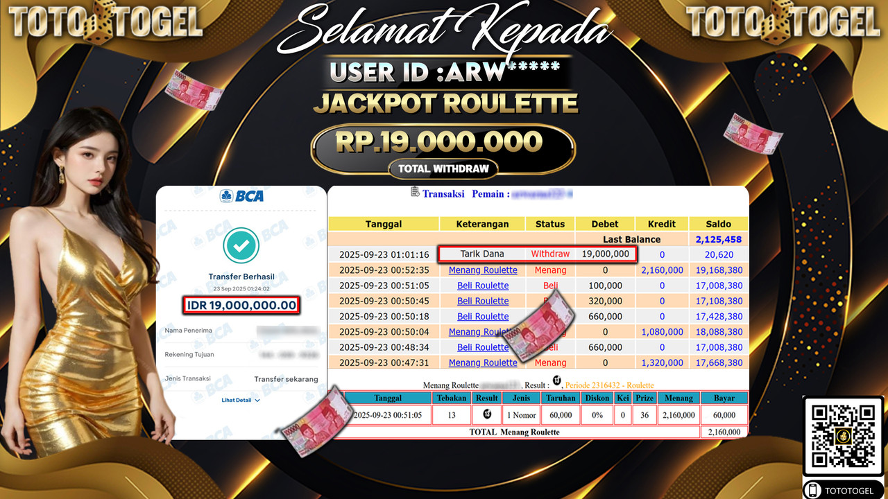 Bukti Pembayaran Jackpot Permainan Live Games Roulette  ID:ARW*** LUNAS