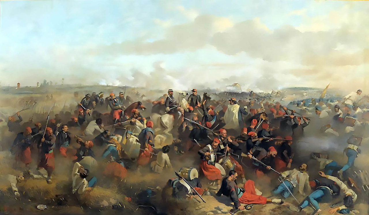 Franco austriaca Palestro Los zuavos franceses con Victor Manuel rey de Cerdena en la batalla de Pa