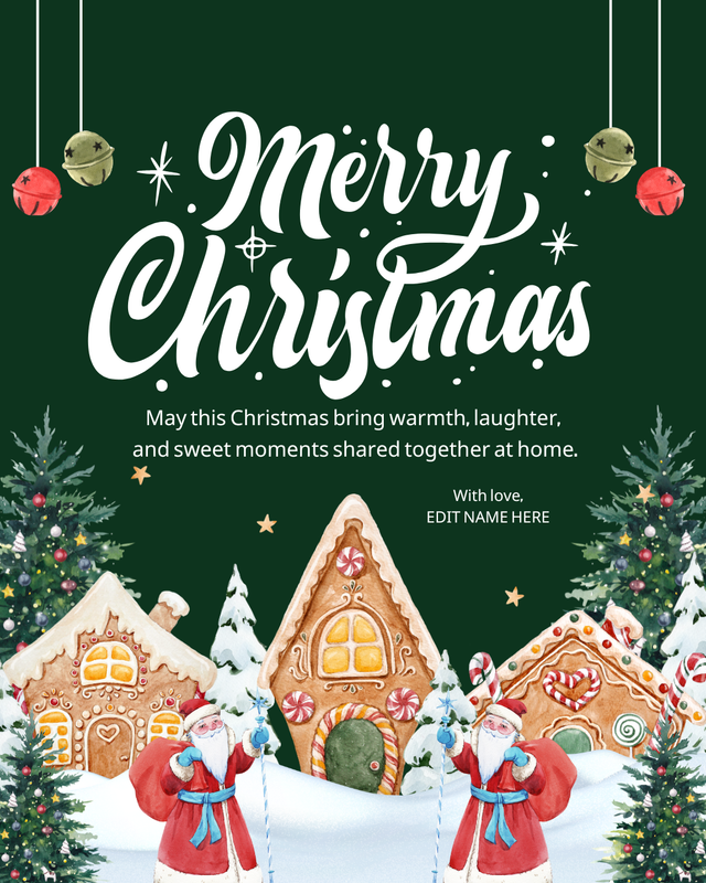 Kids Christmas Greeting Card – Gingerbread Village Family Card (Editable in Canva)