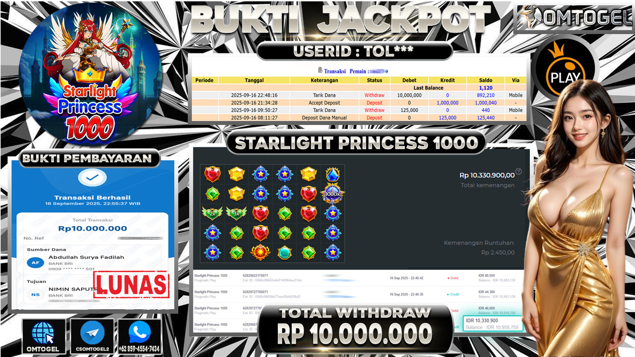 OMTOGEL JACKPOT PRAGMATIC PLAY STARLIGHT PRINCESS 1000 10 JUTA DI BAYAR LUNAS ,-