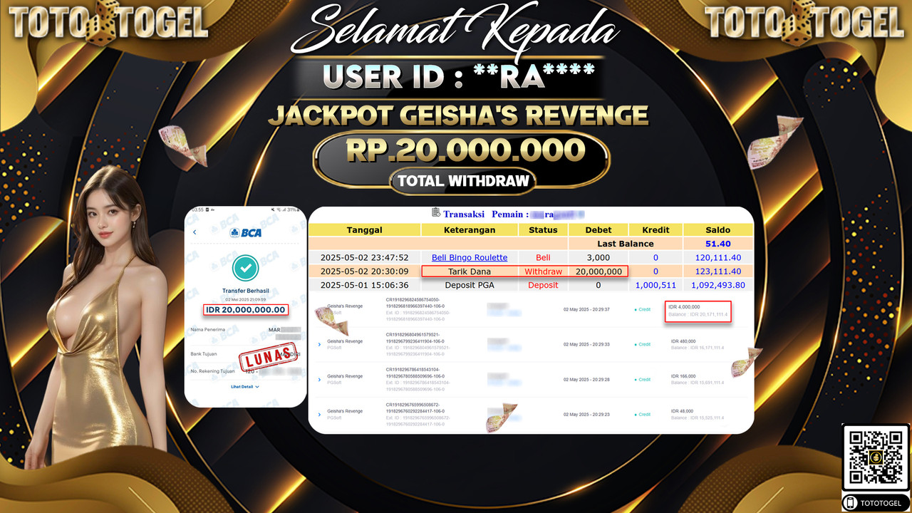 Bukti Pembayaran Jackpot  Permainan Slot Geishas Revenge ID:**RA*** LUNAS