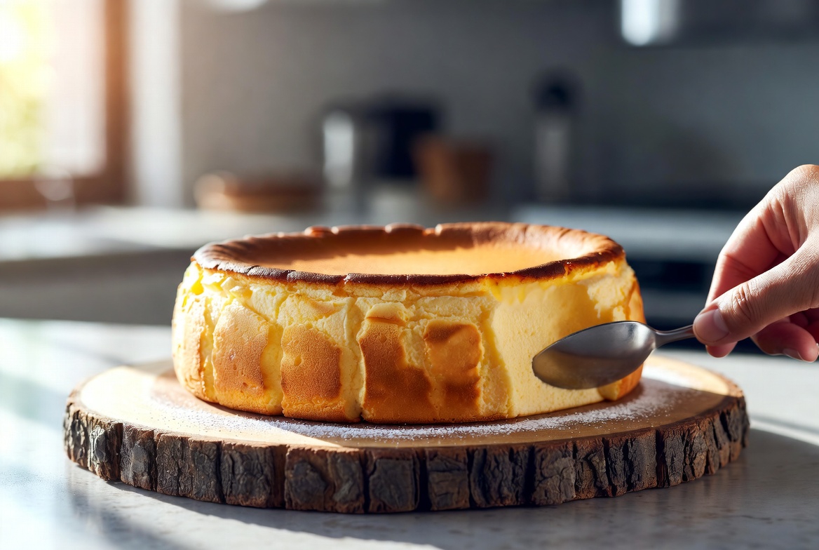 Freshly baked fluffy japanese cotton cheesecake showing its signature jiggle