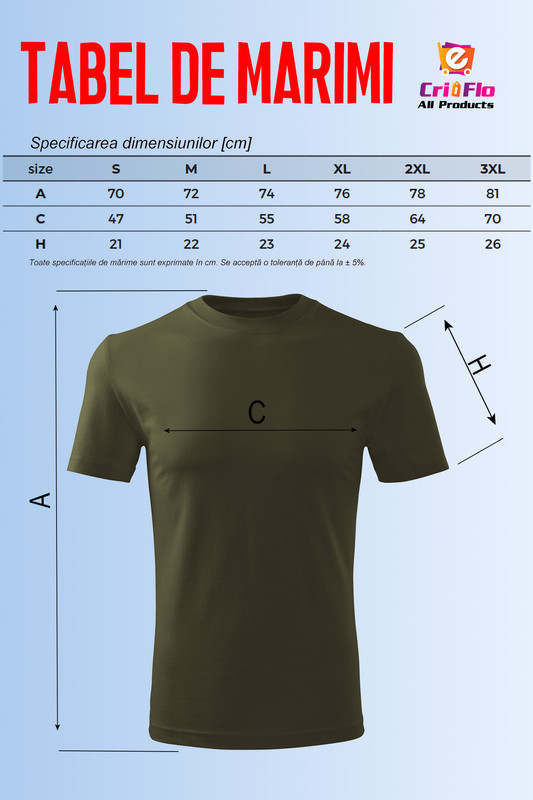 Tricou Barbat Bumbac Simplu Casual Elegant Vara, Cri-Flo, Culoare Military, Marime L