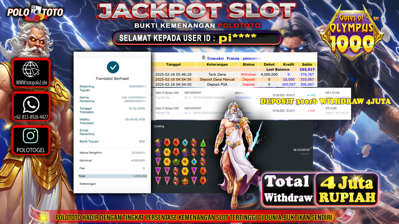 POLOTOTO JACKPOT SLOT GATES OF OLYMPUS 1000 Rp.4.000.000,-