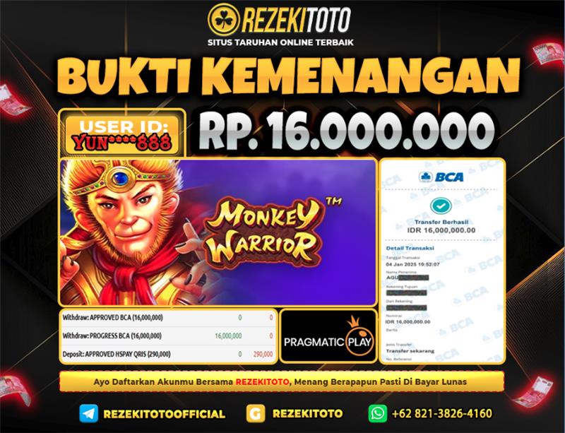 BUKTI KEMENANGAN 04 JANUARI 2026 MONKEY WARRIOR 16 JUTA 