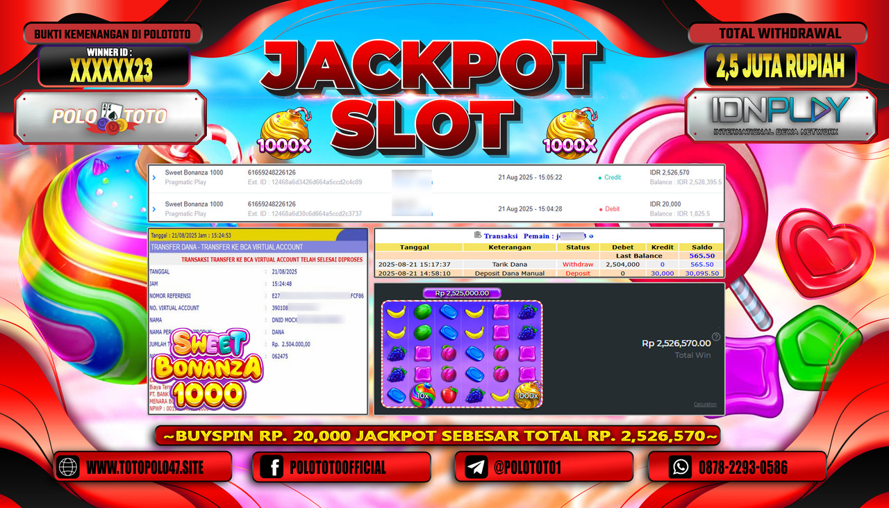 POLOTOTO JACKPOT SLOT SWEET BONANZA 1000 Rp.2.500.000,- LUNAS