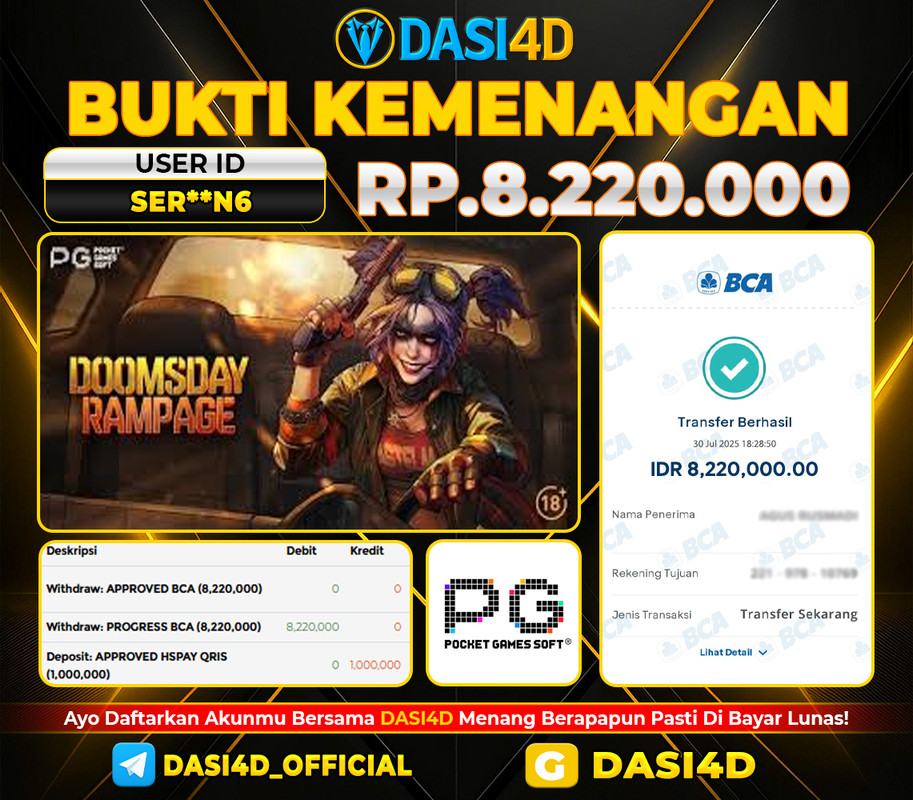 BUKTI KEMENANGAN 30 JULI 2025 DOOMSDAY RAMPAGE RP 8.220.000