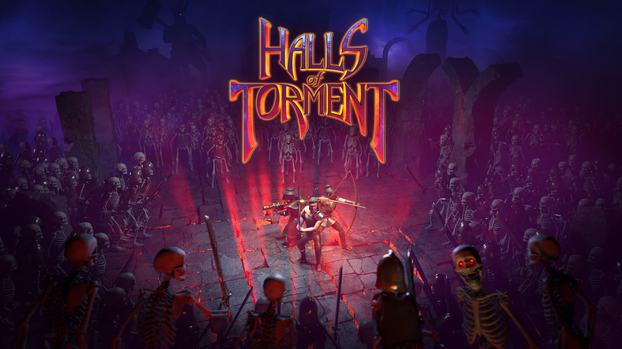 The keyart for Halls of Torment showing some heroes surrounded by undead.