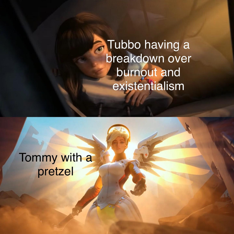 A meme consisting of two images. In the first one, a woman lies prone in some rubble, labeled Tubbo, having a breakdown over burnout and existentialism. In the second, a glowing angelic woman offers the first woman a hand up, labeled Tommy with a pretzel