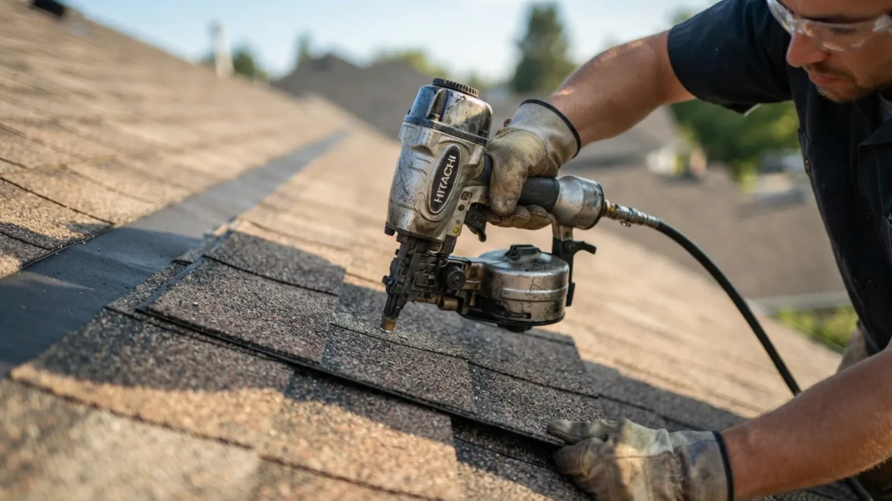Professional roofing contractor installing three-tab asphalt shingles on residential roof