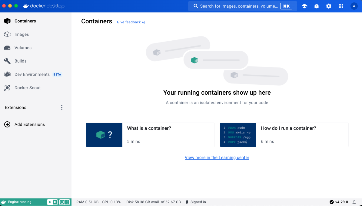 目前 Containers 和 Images 是空的