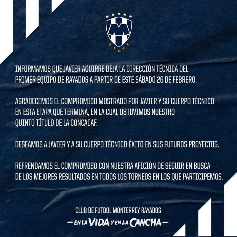 Javier Aguirre es retirado de su puesto como técnico de Rayados de Monterrey
