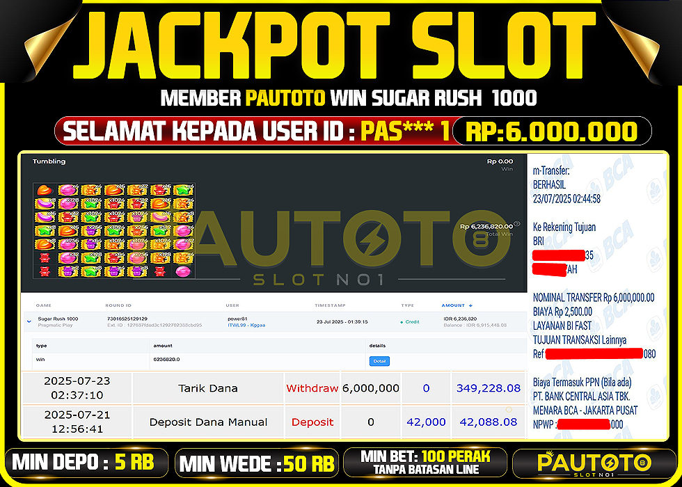 BUKTI PEMBAYARAN TGL 22 JULY 2025 MENANG DI PERMAINAN SUNGAR RUSH 1000 TOTAL WD 6 JUTA