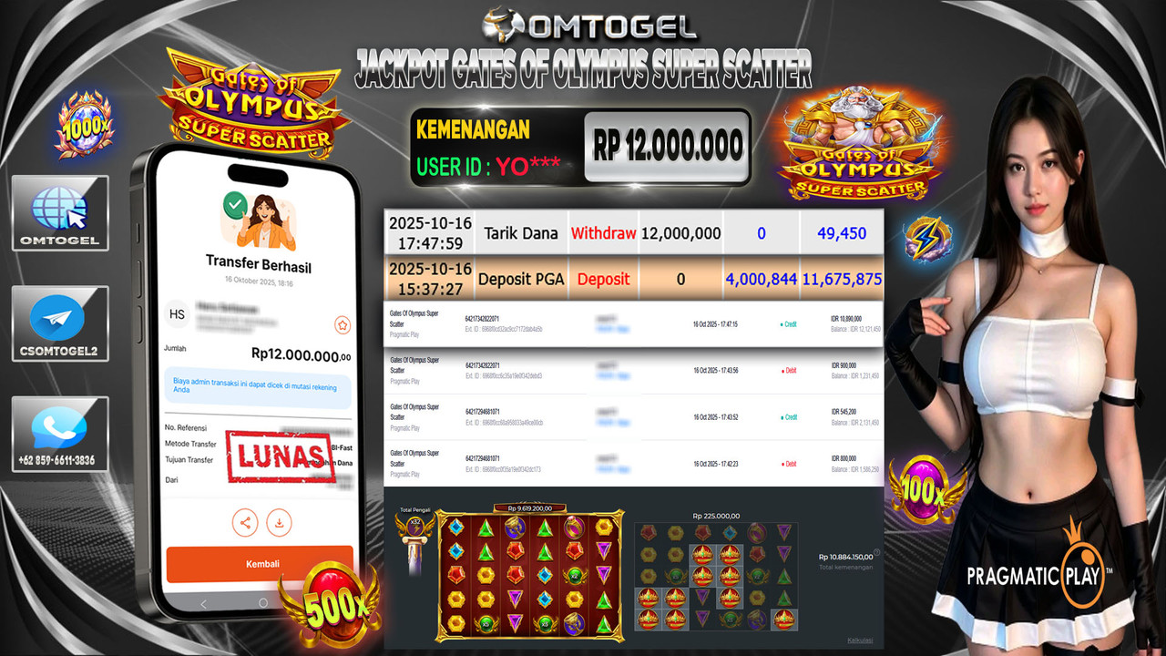 OMTOGEL JACKPOT PRAGMATIC PLAY GATES OF OLYMPUS SUPER SCATTER 12 JUTA DI BAYAR LUNAS ,-