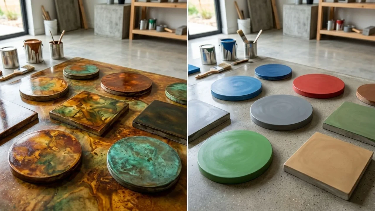 Color palette comparison of acid stain versus water-based stain options