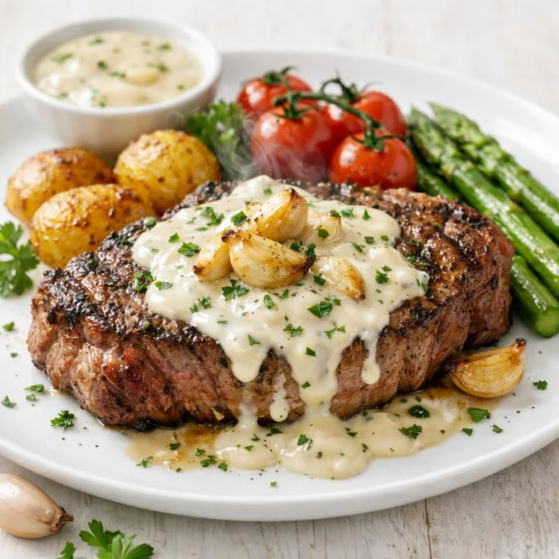 Saftiges Steak mit Knoblauchsauce