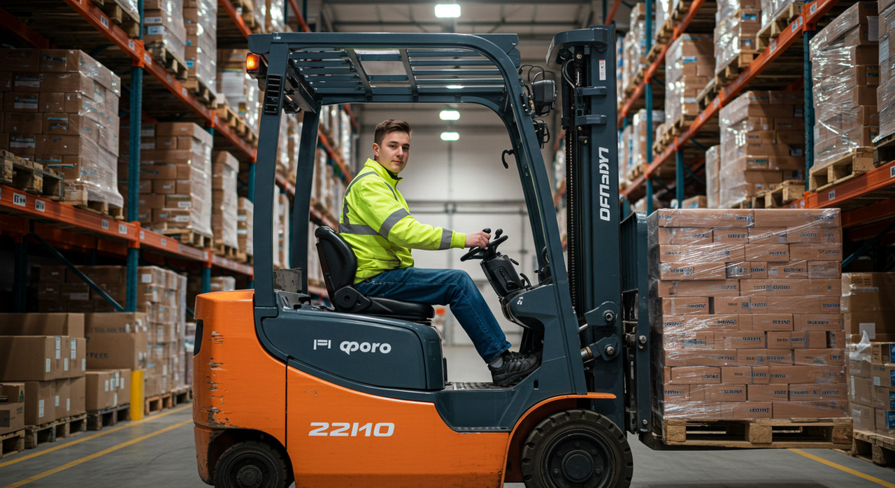 Водитель-оператор погрузчика за работой на современном складе