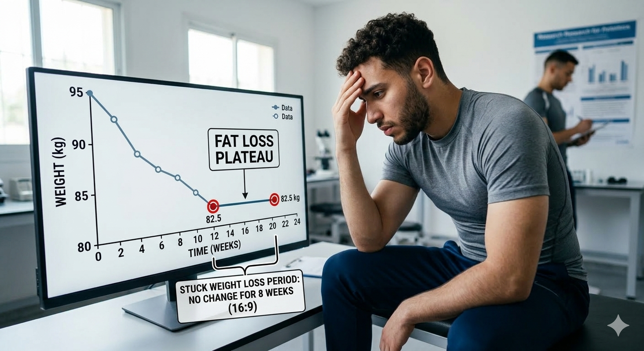 Graph showing weight loss over time with plateau phase illustrating fat loss plateau and stuck weight loss period