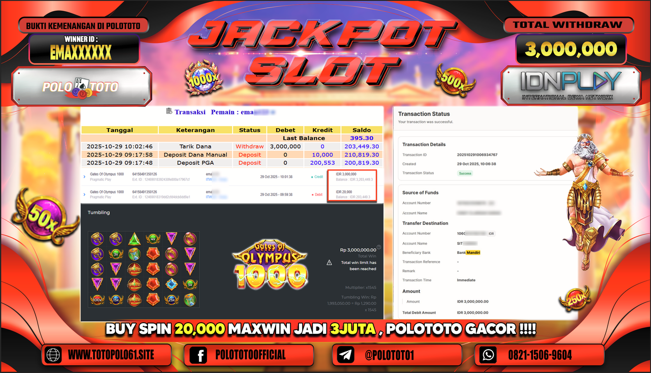 POLOTOTO JACKPOT SLOT GATES OF OLYMPUS 1000 Rp.3.000.000,- LUNAS